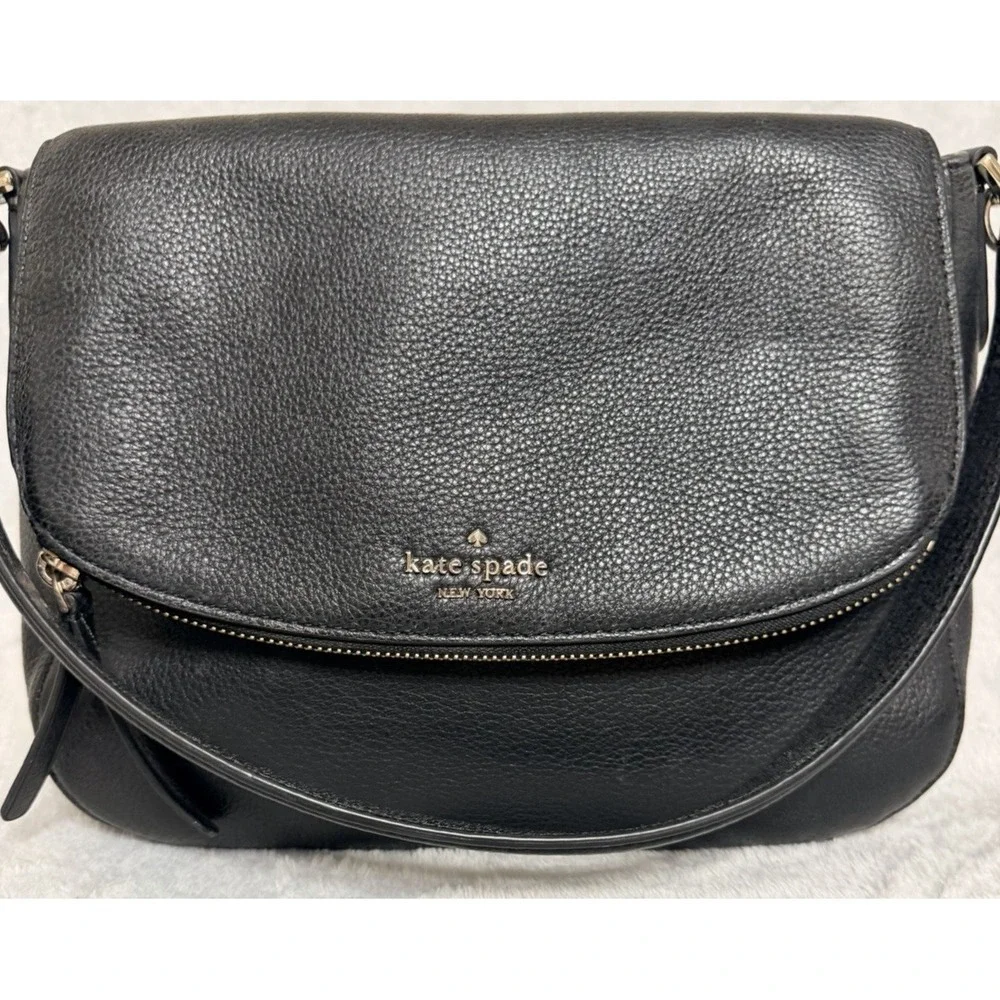 Kate Spade Black Pebble Leather Leila Flap Shoulder Bag Purse